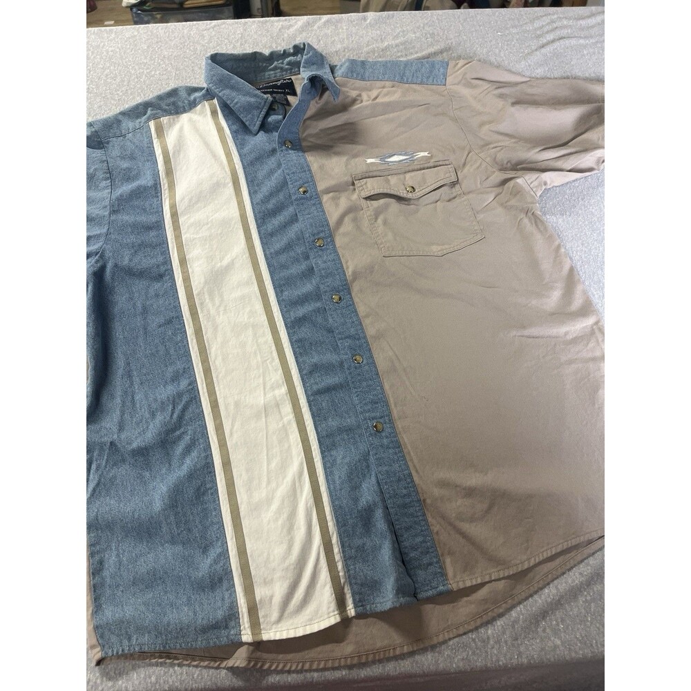 Vintage Wrangler Western Shirt Mens XL Colorblock Snap Denim Khaki Rockabilly